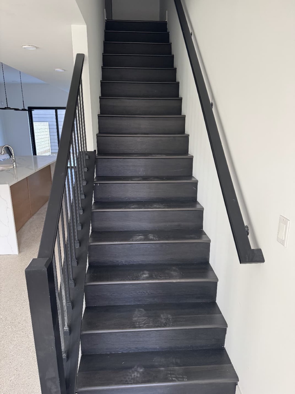 Dark hardwood staircase with black metal railing